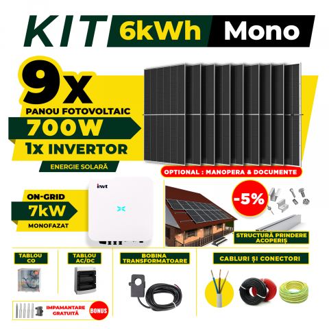 SISTEME FOTOVOLTAICE COMPLETE - Kit Complet Sistem Fotovoltaic 6kW On-Grid monofazat, Optiune Montaj, Invertor INVT si 9 panouri fotovoltaice  AustrianSolar 700W