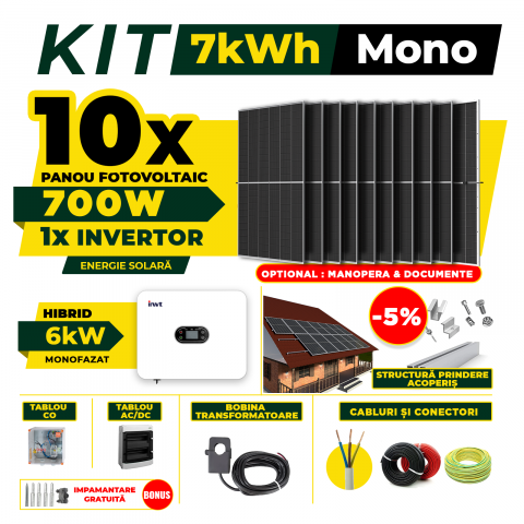 SISTEME FOTOVOLTAICE COMPLETE - Kit Complet Sistem Fotovoltaic 7kW Hibrid monofazat, Optiune Montaj, Invertor INVT si 10 panouri fotovoltaice  AustrianSolar 700W