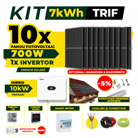 SISTEME FOTOVOLTAICE COMPLETE - Kit Complet Sistem Fotovoltaic 7kW Hibrid trifazat, Optiune Montaj, Invertor INVT si 10 panouri fotovoltaice  AustrianSolar 700W