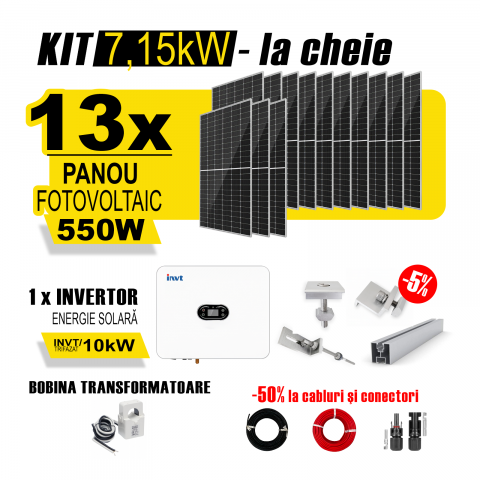 SISTEME FOTOVOLTAICE COMPLETE - Kit Complet Sistem Fotovoltaic 7kW Hibrid trifazat, Optiune Montaj, Invertor INVT si 13 panouri fotovoltaice  AustrianSolar 550W