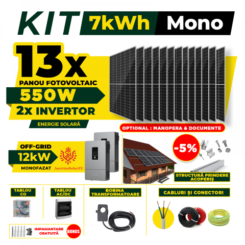 SISTEME FOTOVOLTAICE COMPLETE - Kit Complet Sistem Fotovoltaic 7kW Off-Grid monofazat, Optiune Montaj, Invertor AustrianSolar si 13 panouri fotovoltaice Austrian Solar, 550W