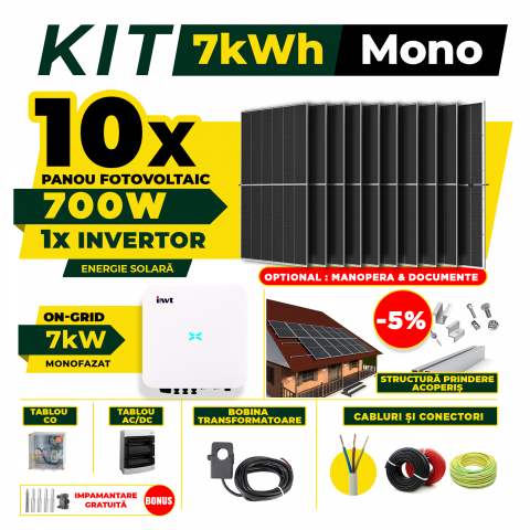 SISTEME FOTOVOLTAICE COMPLETE - Kit Complet Sistem Fotovoltaic 7kW On-Grid monofazat, Optiune Montaj, Invertor INVT si 10 panouri fotovoltaice  AustrianSolar 700W