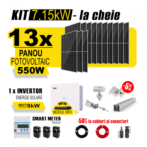 SISTEME FOTOVOLTAICE COMPLETE - Kit Complet Sistem Fotovoltaic 7kW On-Grid trifazat, Optiune Montaj, Invertor INVT si 13 panouri fotovoltaice  AustrianSolar 550W