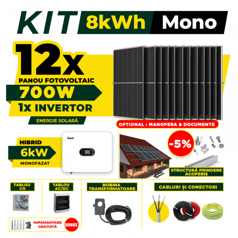 SISTEME FOTOVOLTAICE COMPLETE - Kit Complet Sistem Fotovoltaic 8kW Hibrid monofazat, Optiune Montaj, Invertor INVT si 12 panouri fotovoltaice  AustrianSolar 700W