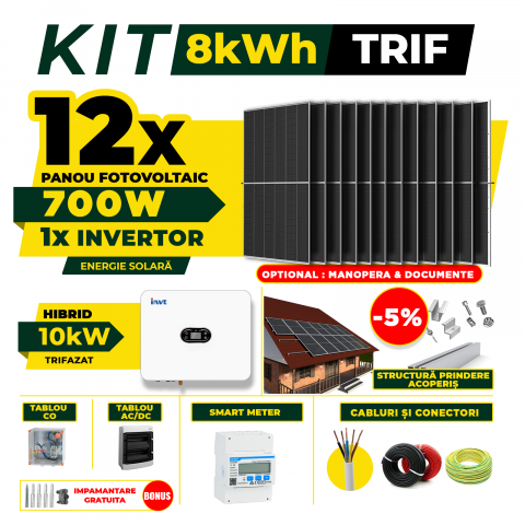 SISTEME FOTOVOLTAICE COMPLETE - Kit Complet Sistem Fotovoltaic 8kW Hibrid trifazat, Optiune Montaj, Invertor INVT si 12 panouri fotovoltaice AustrianSolar, 700W