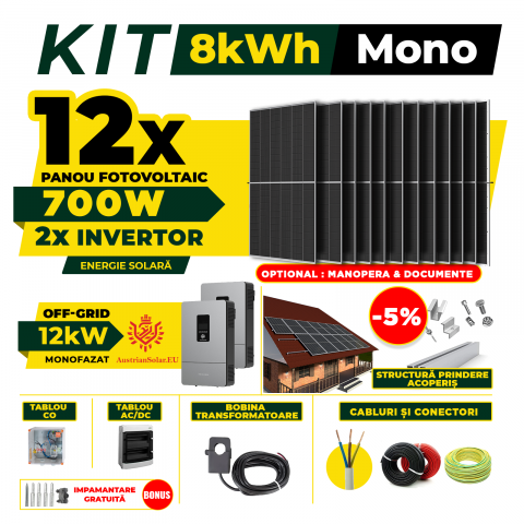 SISTEME FOTOVOLTAICE COMPLETE - Kit Complet Sistem Fotovoltaic 8kW Off-Grid monofazat, Optiune Montaj, Invertor AustrianSolar si 12 panouri fotovoltaice  AustrianSolar 700W