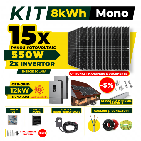 SISTEME FOTOVOLTAICE COMPLETE - Kit Complet Sistem Fotovoltaic 8kW Off-Grid monofazat, Optiune Montaj, Invertor AustrianSolar si 15 panouri fotovoltaice Austrian Solar, 550W