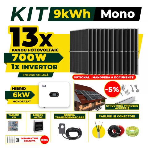 SISTEME FOTOVOLTAICE COMPLETE - Kit Complet Sistem Fotovoltaic 9kW Hibrid monofazat, Optiune Montaj, Invertor INVT si 13 panouri fotovoltaice  AustrianSolar 700W
