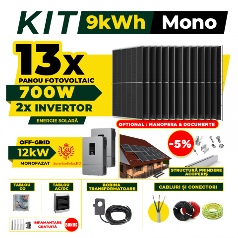 SISTEME FOTOVOLTAICE COMPLETE - Kit Complet Sistem Fotovoltaic 9kW Off-Grid monofazat, Optiune Montaj, Invertor AustrianSolar si 13 panouri fotovoltaice  AustrianSolar 700W