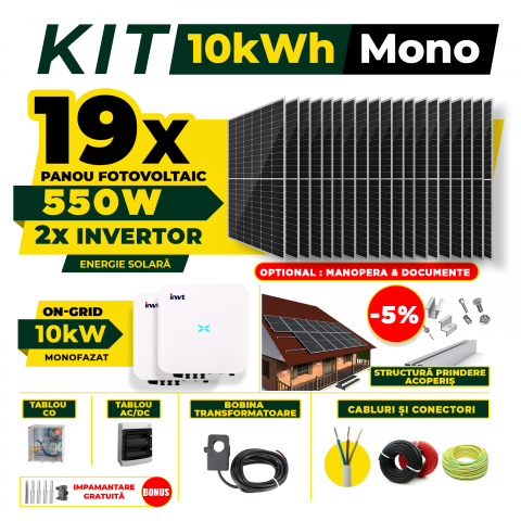 SISTEME FOTOVOLTAICE COMPLETE - Kit Complet Sistem Fotovoltaic 10kW On-Grid monofazat, Optiune Montaj, Invertor INVT si 19 panouri fotovoltaice Austrian Solar, 550W