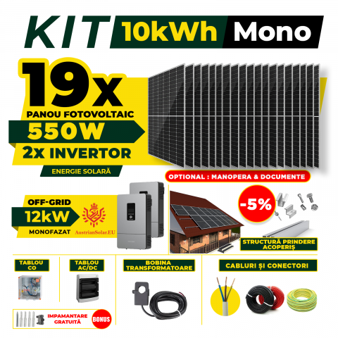 SISTEME FOTOVOLTAICE COMPLETE - Kit Complet Sistem Fotovoltaic 10kW Off-Grid monofazat, Optiune Montaj, Invertor AustrianSolar si 19 panouri fotovoltaice Austrian Solar, 550W