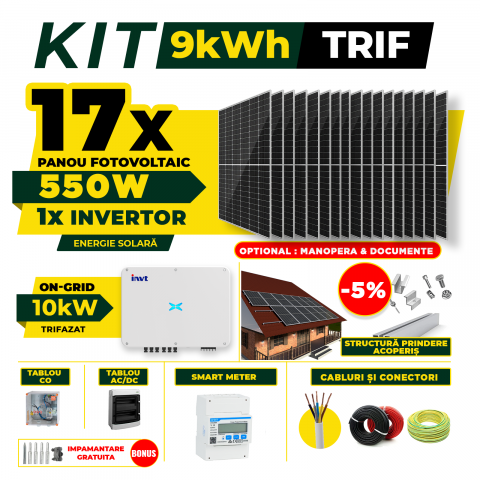 SISTEME FOTOVOLTAICE COMPLETE - Kit Complet Sistem Fotovoltaic 9kW On-Grid trifazat, Optiune Montaj, Invertor INVT si 17 panouri fotovoltaice AustrianSolar, 550W