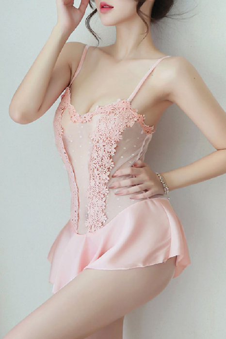 Lenjerie erotica, rochita sexy cu dantela brodata si aspect satin YML1004roz [3]