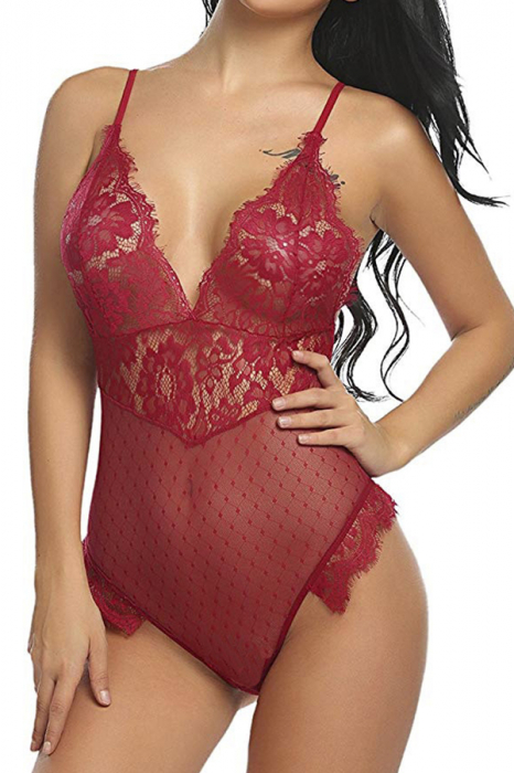 Body sexy cu broderie si insertii dantela MDD-W377rosu [1]