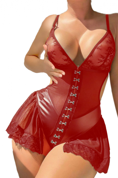 Body sexy tip rochita din plasa fina si insertii dantela TY-PU87rosu [1]