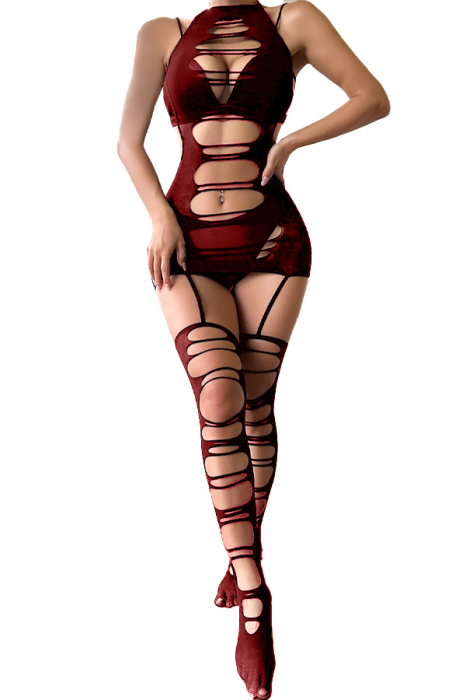 Bodystocking din plasa decupat, tip rochie mini cu ciorapi atasati DLS-7761rosu [1]