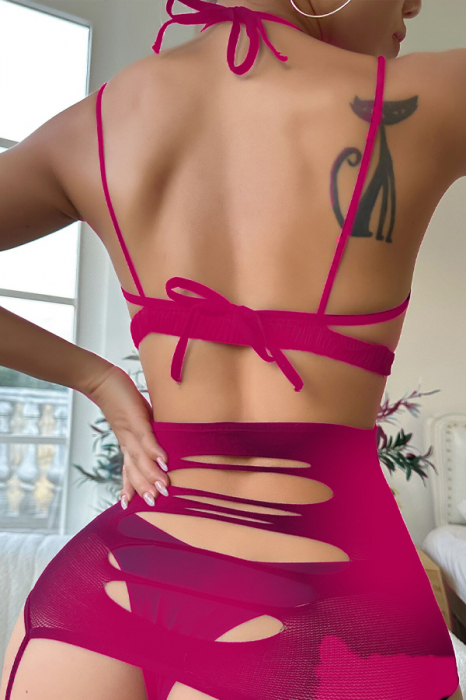 Bodystocking din plasa decupat, tip rochie mini cu ciorapi atasati DLS-7761roz [2]