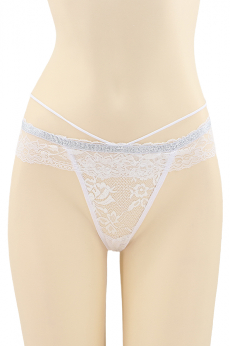 Chiloti sexy tanga cu dantela si banda stralucitoare DZK-2173alb [1]