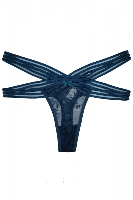 Chiloti sexy tanga cu accente dantela si benzi rafinate 87481albastru [3]