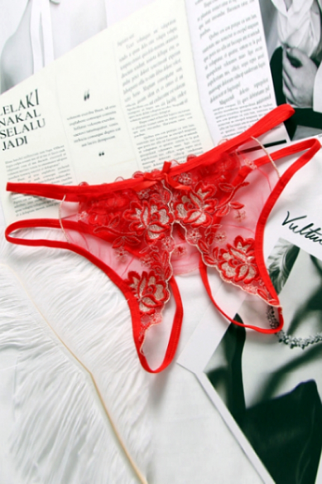 Chiloti sexy tanga decupati cu broderie si motiv floral LH3014rosu [2]