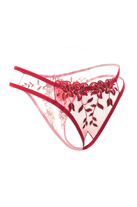Chiloti sexy tanga decupati, cu broderie si motiv floral LH3038visiniu [2]