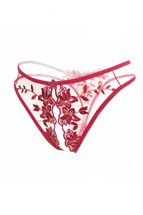 Chiloti sexy tanga decupati, cu broderie si motiv floral LH3038visiniu [3]