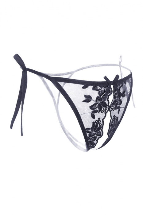 Chiloti sexy tanga decupati, cu broderie si motiv floral LH3039negru [3]