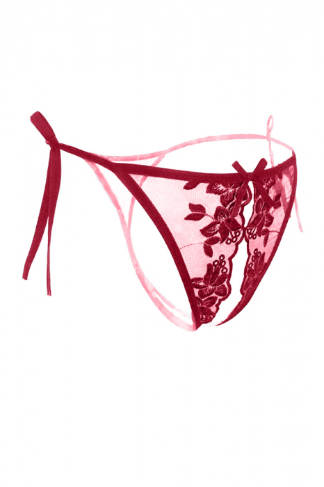 Chiloti sexy tanga decupati, cu broderie si motiv floral LH3039visiniu [3]