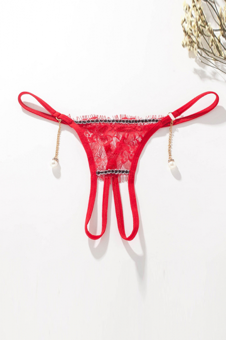 Chiloti sexy tanga din dantela accesorizati cu margele LH2222rosu [2]