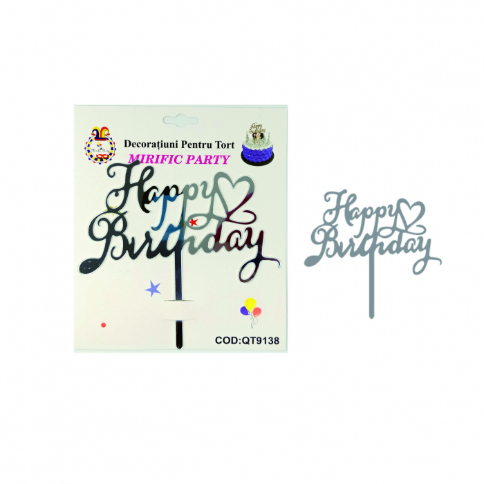 Decoratiune pentru tort cu efect oglinda ' Happy Birthday ' QT9138argintiu [2]