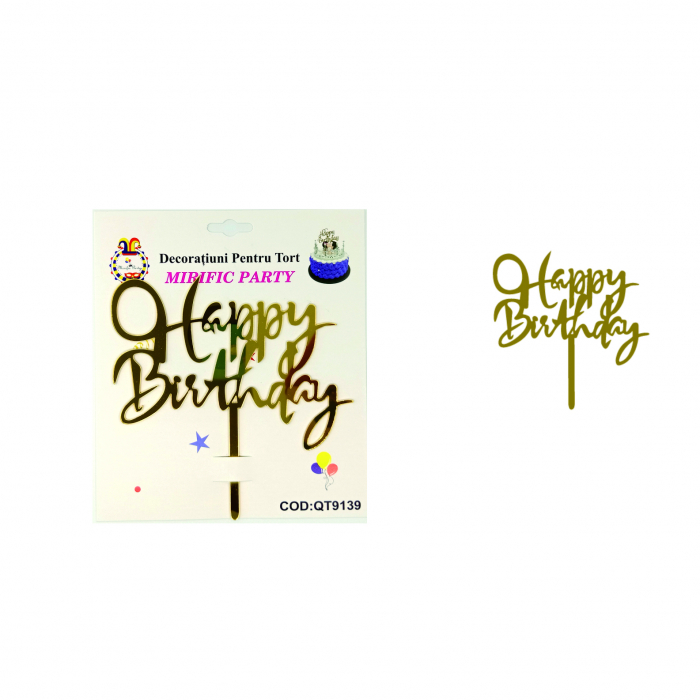 Decoratiune pentru tort cu efect oglinda ' Happy Birthday ' QT9139auriu [2]