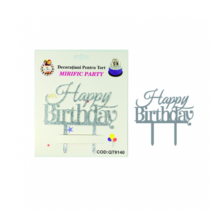 Decoratiune pentru tort cu efect oglinda ' Happy Birthday ' QT9140argintiu [2]