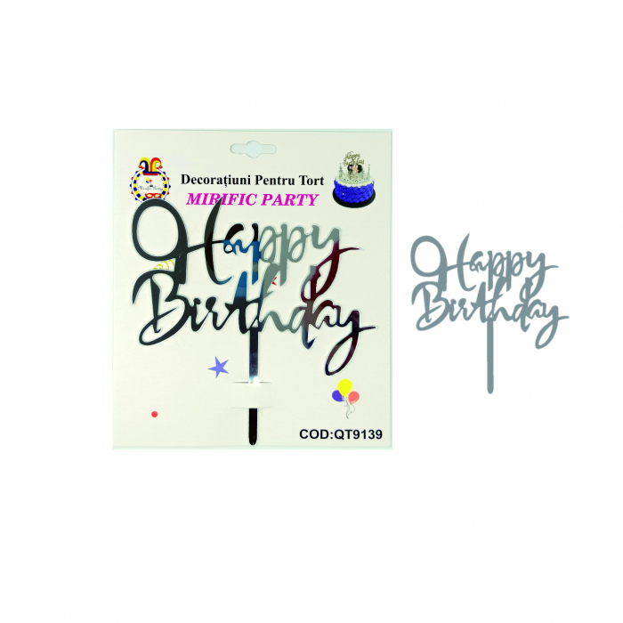 Decoratiune pentru tort cu efect oglinda ' Happy Birthday ' QT9139argintiu [2]
