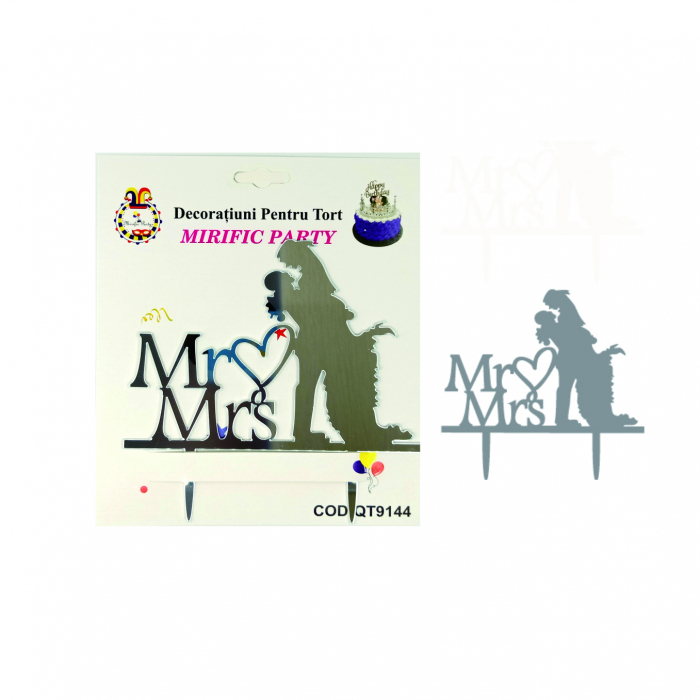 Decoratiune pentru tort cu efect oglinda ' Mr & Mrs ' QT9144argintiu [2]