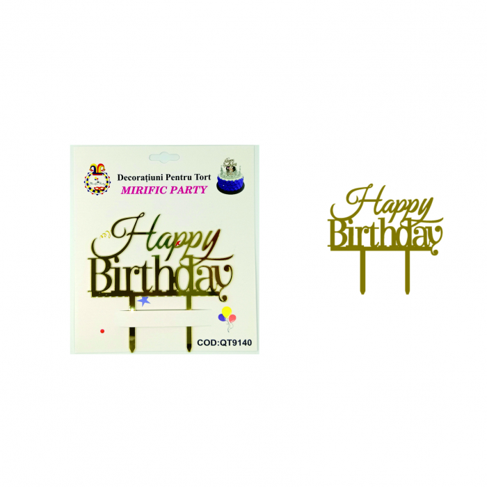Decoratiune pentru tort cu efect oglinda ' Happy Birthday ' QT9140auriu [2]