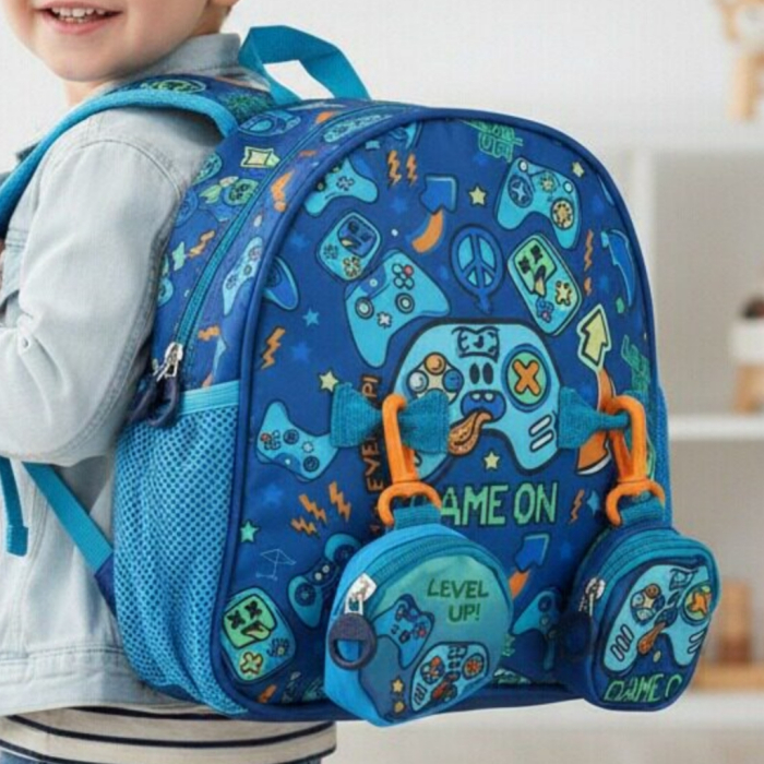 Ghiozdan pentru gradinita sau scoala cu doua pusculite atasate ZY-25127albastru [4]