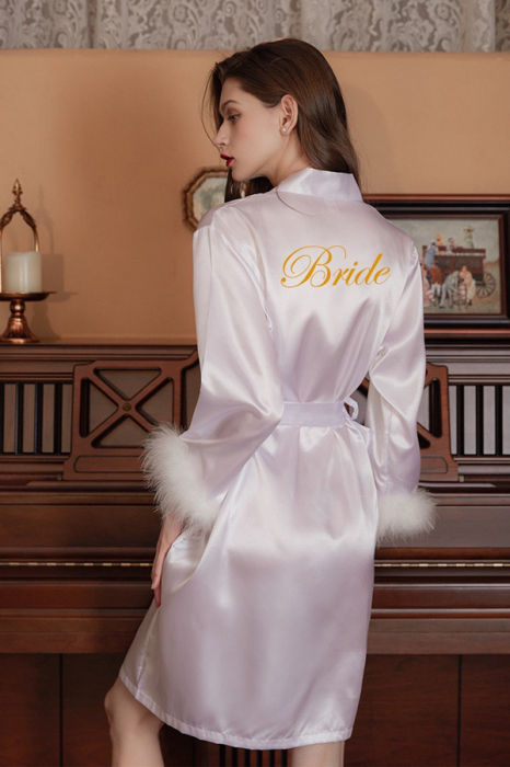 Halat din satin fin cu puf pentru mireasa, inscriptionat ' Bride ' SUSU-010alb [2]