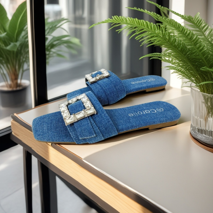 Papuci cu aplicatii cristale decorative F23albastru denim [9]
