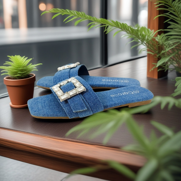 Papuci cu aplicatii cristale decorative F23albastru denim [6]