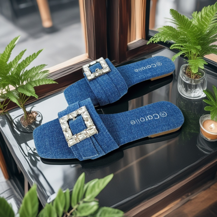 Papuci cu aplicatii cristale decorative F23albastru denim [10]