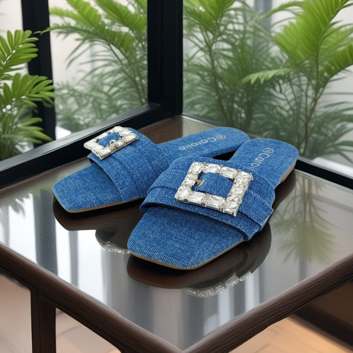 Papuci cu aplicatii cristale decorative F23albastru denim [7]