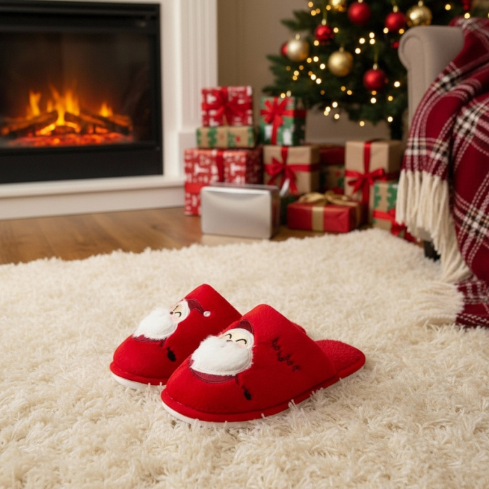 Papuci de casa cu motive Craciun L690rosu [4]