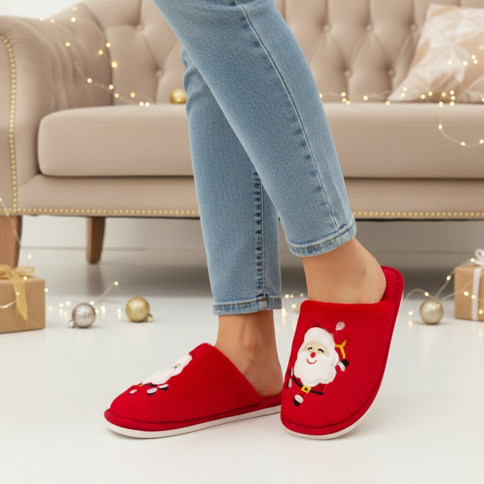 Papuci de casa cu motive Craciun L765rosu [8]