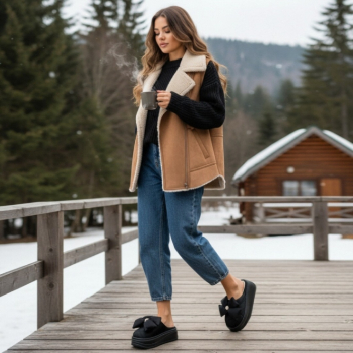 Papuci de casa pufosi L735negru [6]