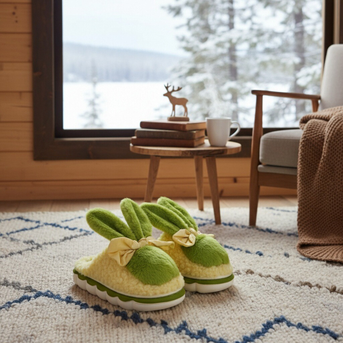 Papuci de casa pufosi, model Iepuras L633verde [7]