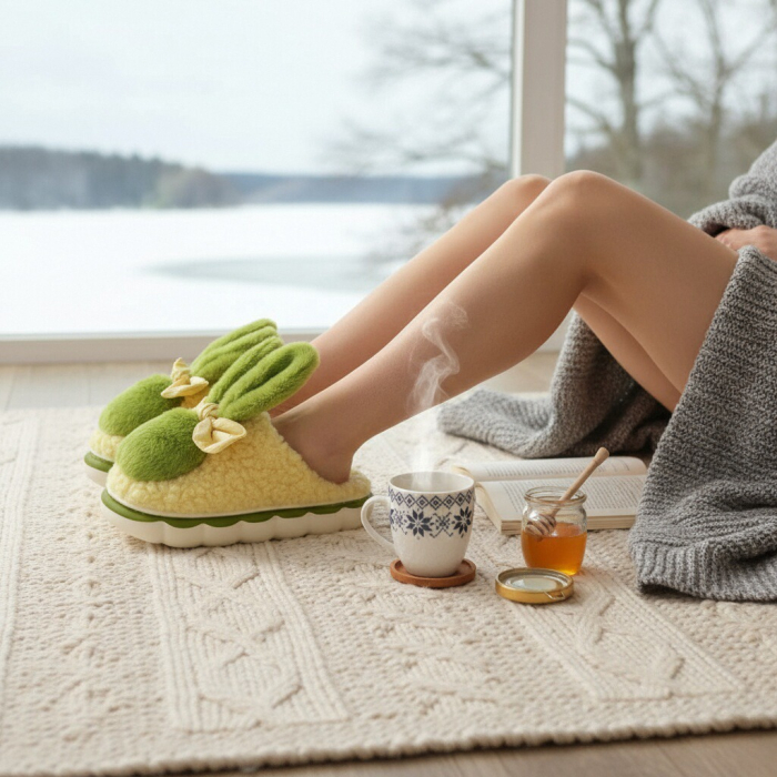 Papuci de casa pufosi, model Iepuras L633verde [4]