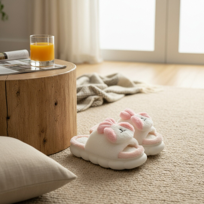 Papuci de casa pufosi, model Iepuras P2079roz [5]