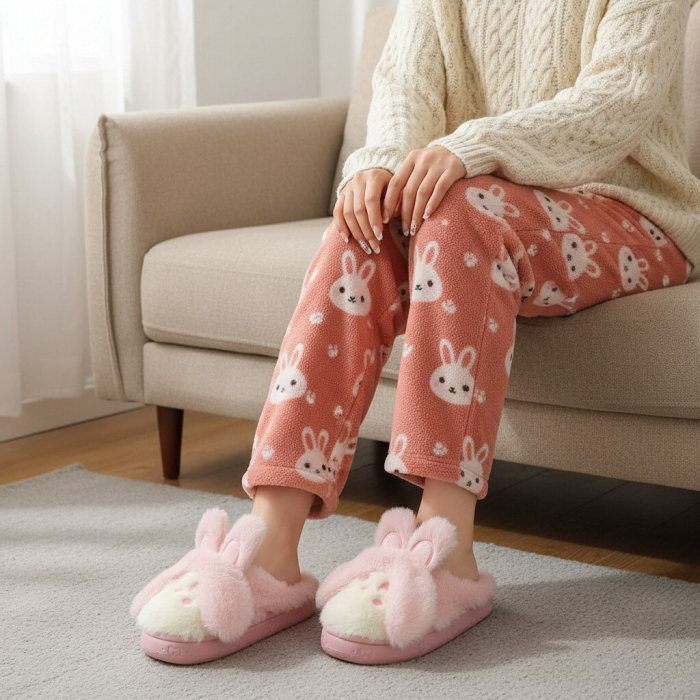 Papuci de casa pufosi, model Iepuras L638roz [5]