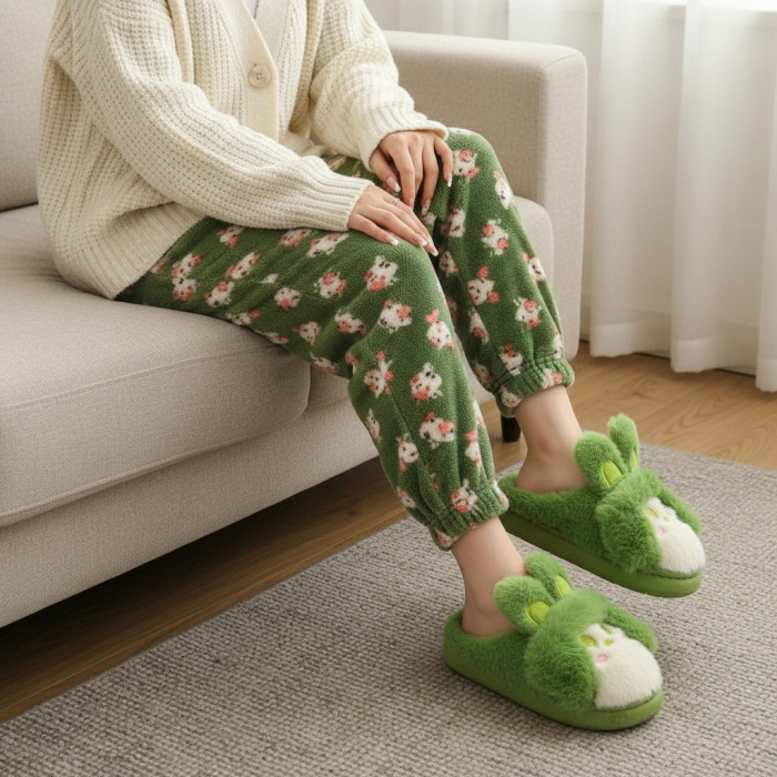 Papuci de casa pufosi, model Iepuras L638verde [6]