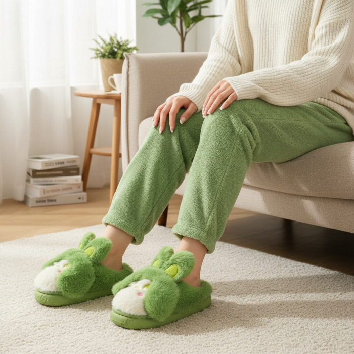 Papuci de casa pufosi, model Iepuras L638verde [5]
